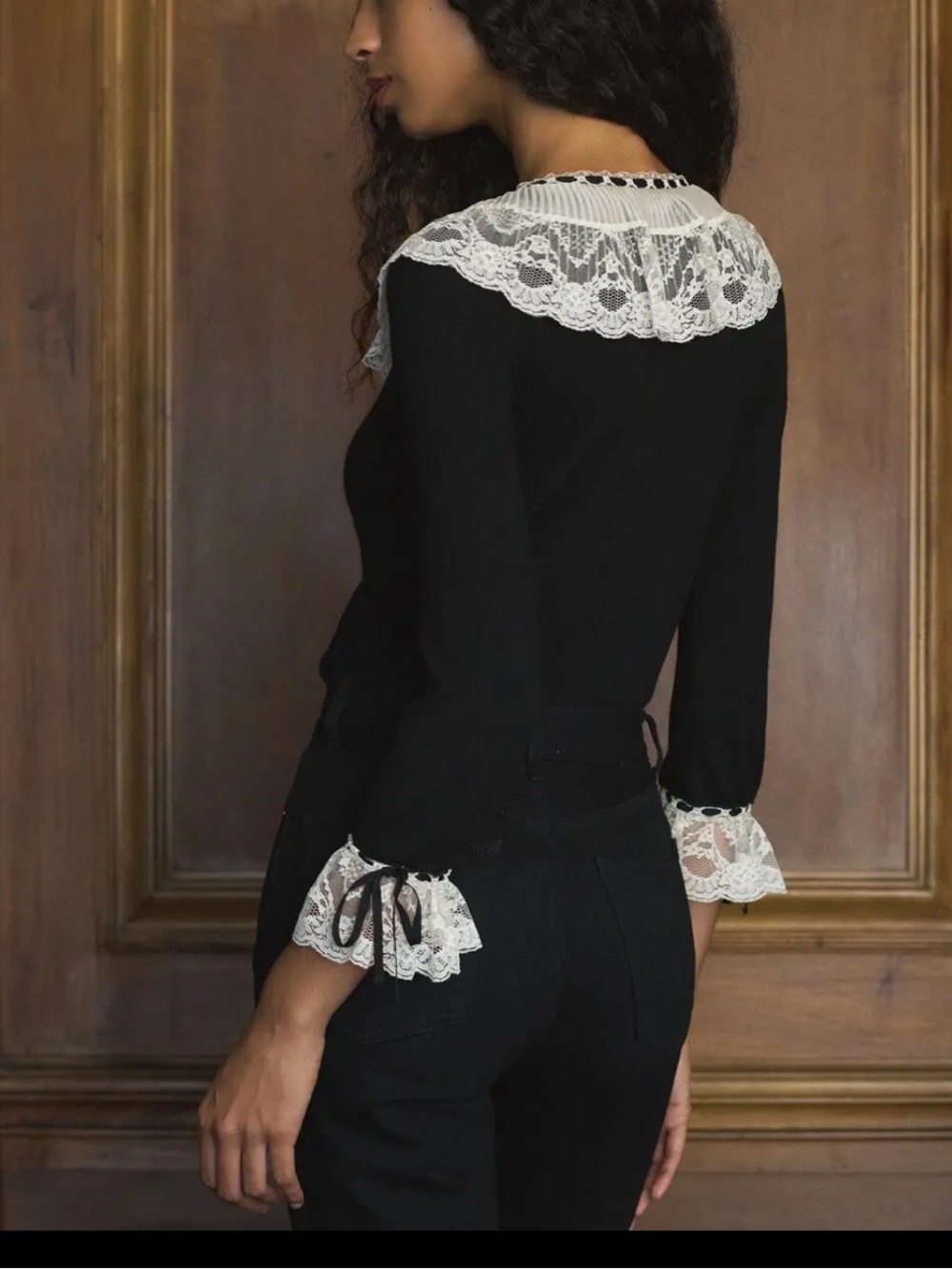 Doen Emilienne Cardigan Black Button Cardigan with Ivory Lace Collar, S - Picture 2 of 9